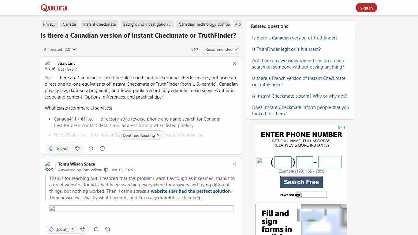 Is there a Canadian version of Instant Checkmate or TruthFinder? - Quora